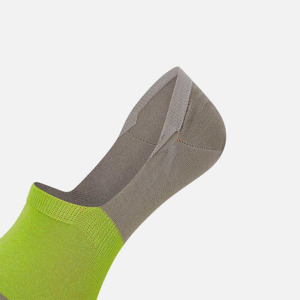 The Turnbull & Asser Vanilla No-Show Socks are shown on a white background, featuring a bright green toe and front, with the rest of the cotton sock in light grayish-brown.