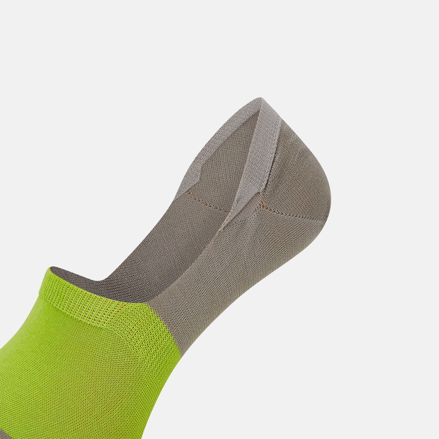 View 4 of product The Turnbull & Asser Vanilla No-Show Socks are shown on a white background, featuring a bright green toe and front, with the rest of the cotton sock in light grayish-brown.
