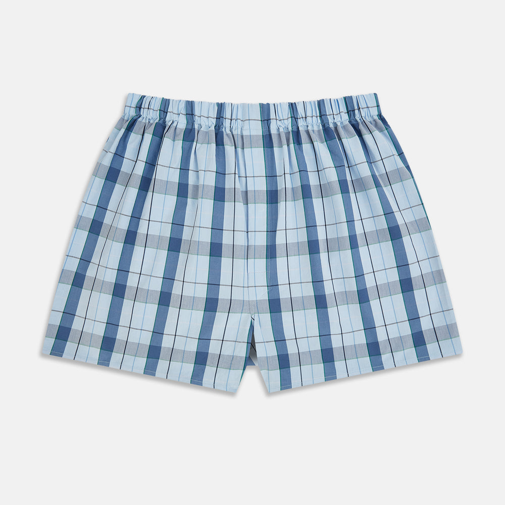 Turnbull & Asser’s Blue and Green Blazer Check Godfrey Boxer Shorts feature an elastic waistband and intersecting blue and green checks, crafted from premium Italian cotton and presented on a plain white background.