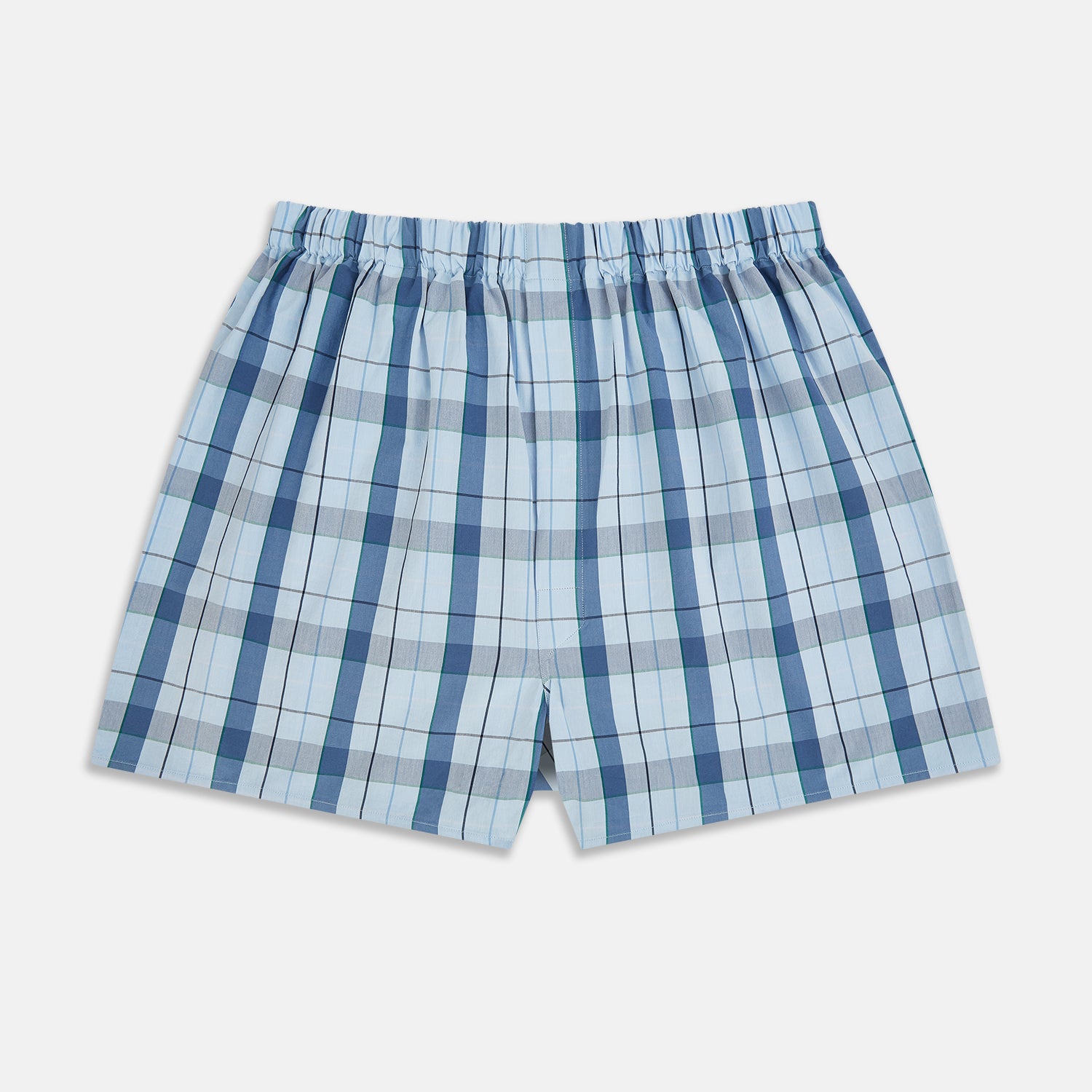 View 1 of product Turnbull & Asser’s Blue and Green Blazer Check Godfrey Boxer Shorts feature an elastic waistband and intersecting blue and green checks, crafted from premium Italian cotton and presented on a plain white background.