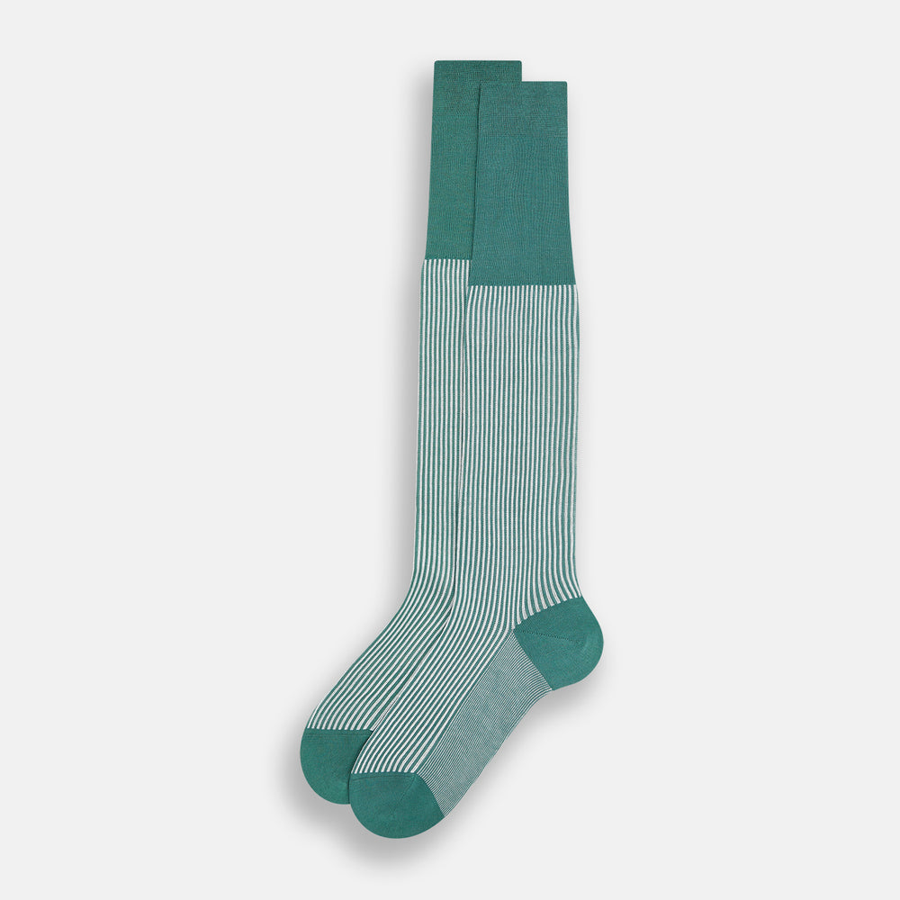 Turnbull & Asser Melon Green/White Thin Striped Long Sock features melon green and white vertical stripes with a solid green toe, heel, and cuff, shown singly against a plain light background.