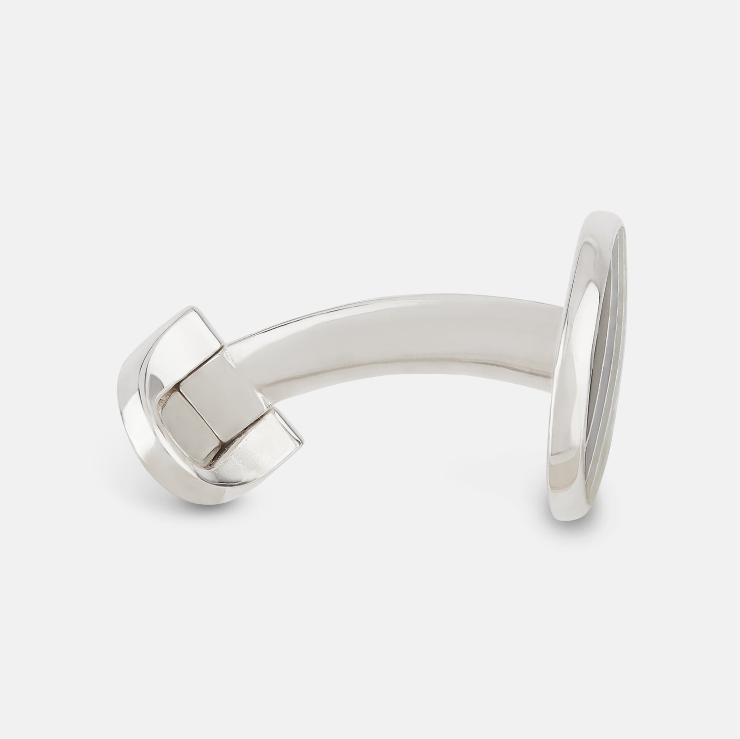 View 2 of product Turnbull & Asser Navy Striped Oval Enamel Cufflinks feature navy blue and black diagonal stripes, shiny silver edges, and a modern oval shape—reflecting masculine elegance in every detail.