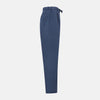 View 4 of product Turnbull & Asser Denim Blue Linen Herringbone Miles Trousers with a straight-leg fit, elasticated waist, and drawstring tie, shown against a plain white background.