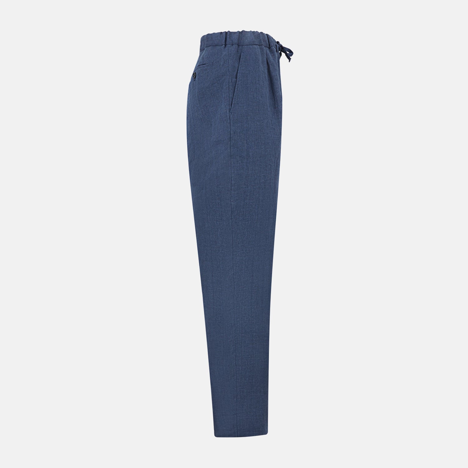 View 4 of product Turnbull & Asser Denim Blue Linen Herringbone Miles Trousers with a straight-leg fit, elasticated waist, and drawstring tie, shown against a plain white background.