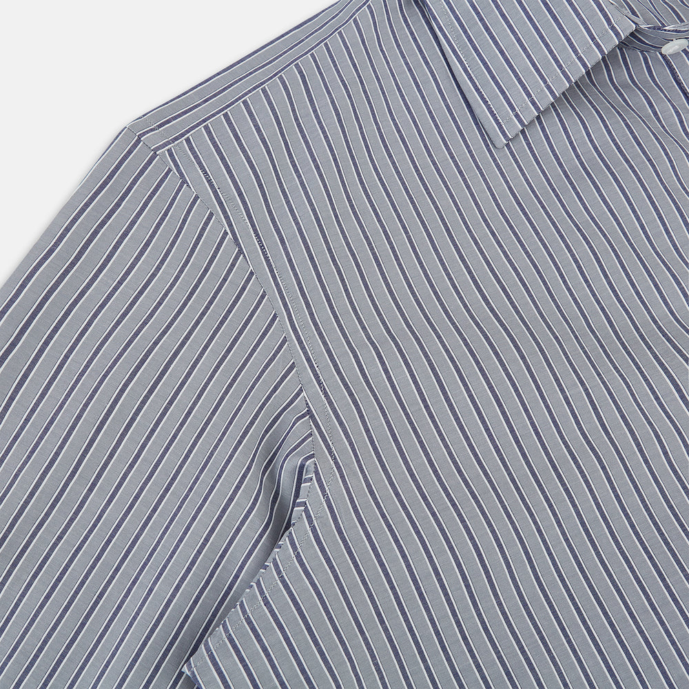 The Turnbull & Asser Grey Ticking Stripe Westminster Shirt features thin vertical grey stripes and a classic collar, showcased against a plain white background.