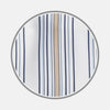 View 1 of product A close-up of Turnbull & Asser’s Sand Multi Stripe Cotton Fabric, featuring navy, light blue, and tan vertical stripes on white, displayed in a circular frame.