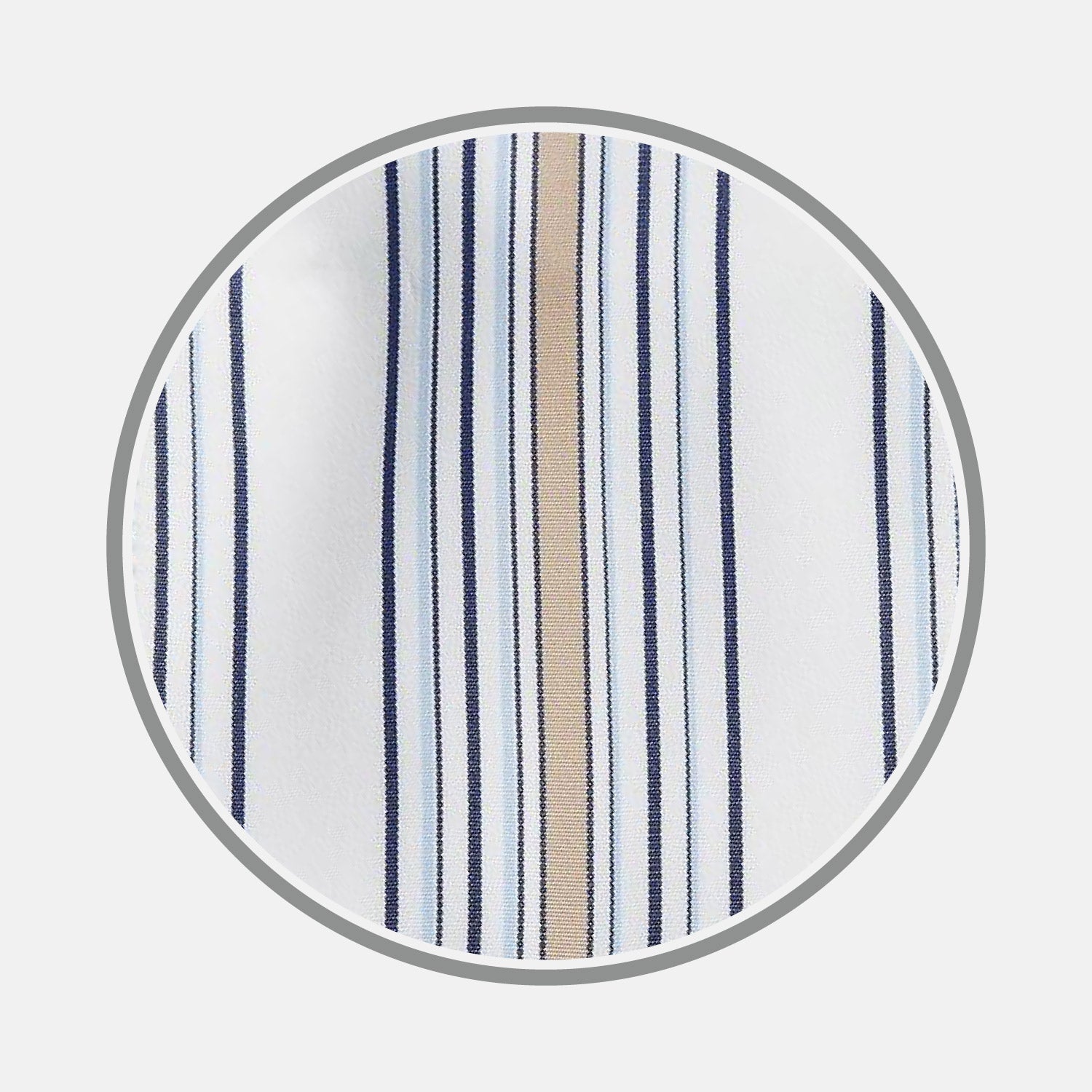 View 1 of product A close-up of Turnbull & Asser’s Sand Multi Stripe Cotton Fabric, featuring navy, light blue, and tan vertical stripes on white, displayed in a circular frame.