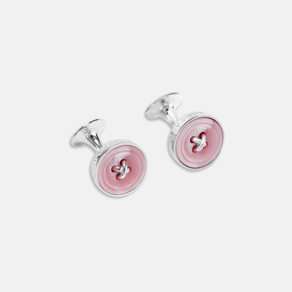 Turnbull & Asser Pink Sterling Silver Mother-of-Pearl Button Cufflinks feature round, pink, button-shaped faces with four central holes, shown against a plain white background.