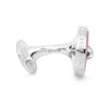 View 4 of product Turnbull & Asser Pink Sterling Silver Mother-of-Pearl Button Cufflinks feature round, pink, button-shaped faces with four central holes, shown against a plain white background.