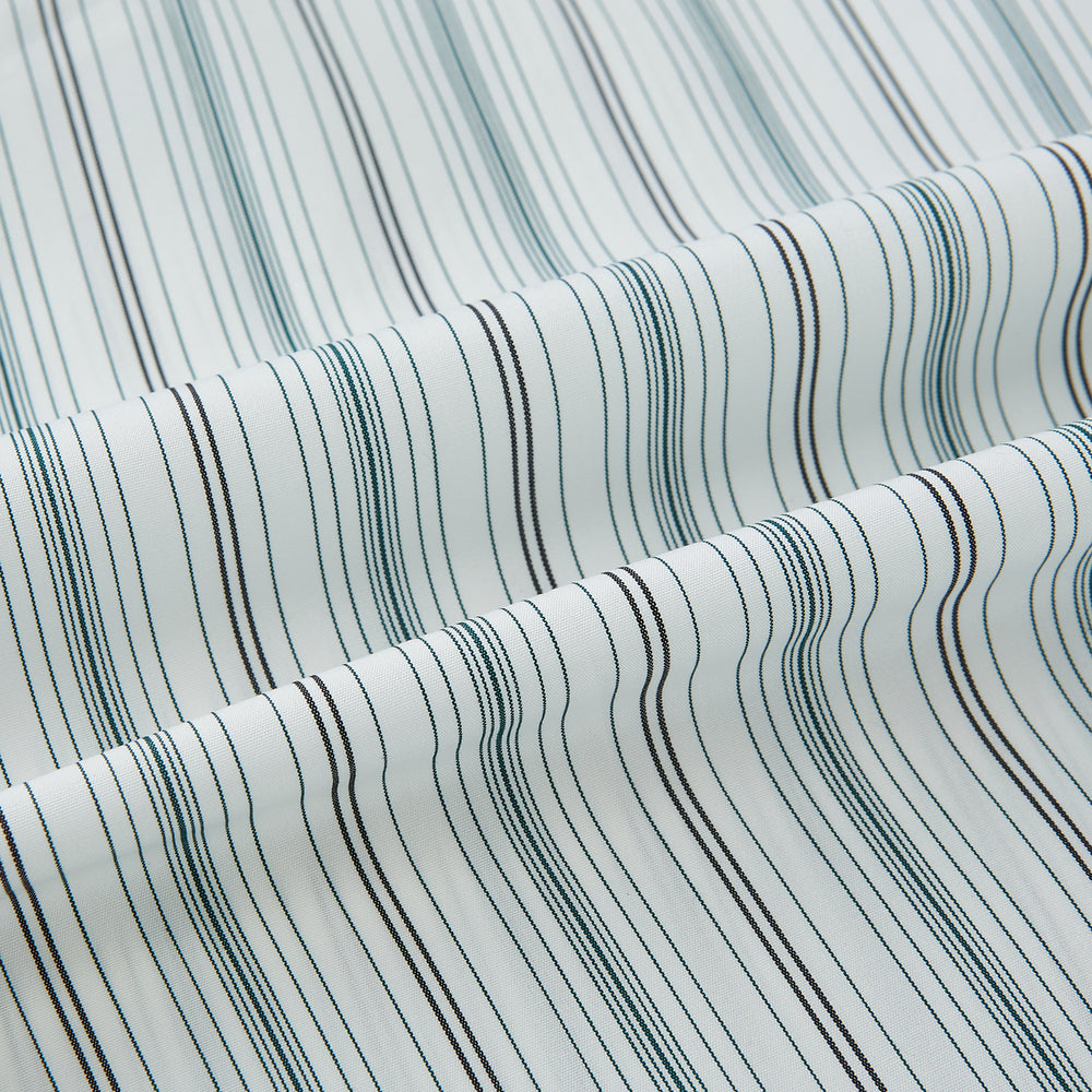 A Forest Green Multi Stripe Westminster Shirt by Turnbull & Asser, featuring thin green stripes on white and expert British craftsmanship, is neatly laid flat with visible cuffs.