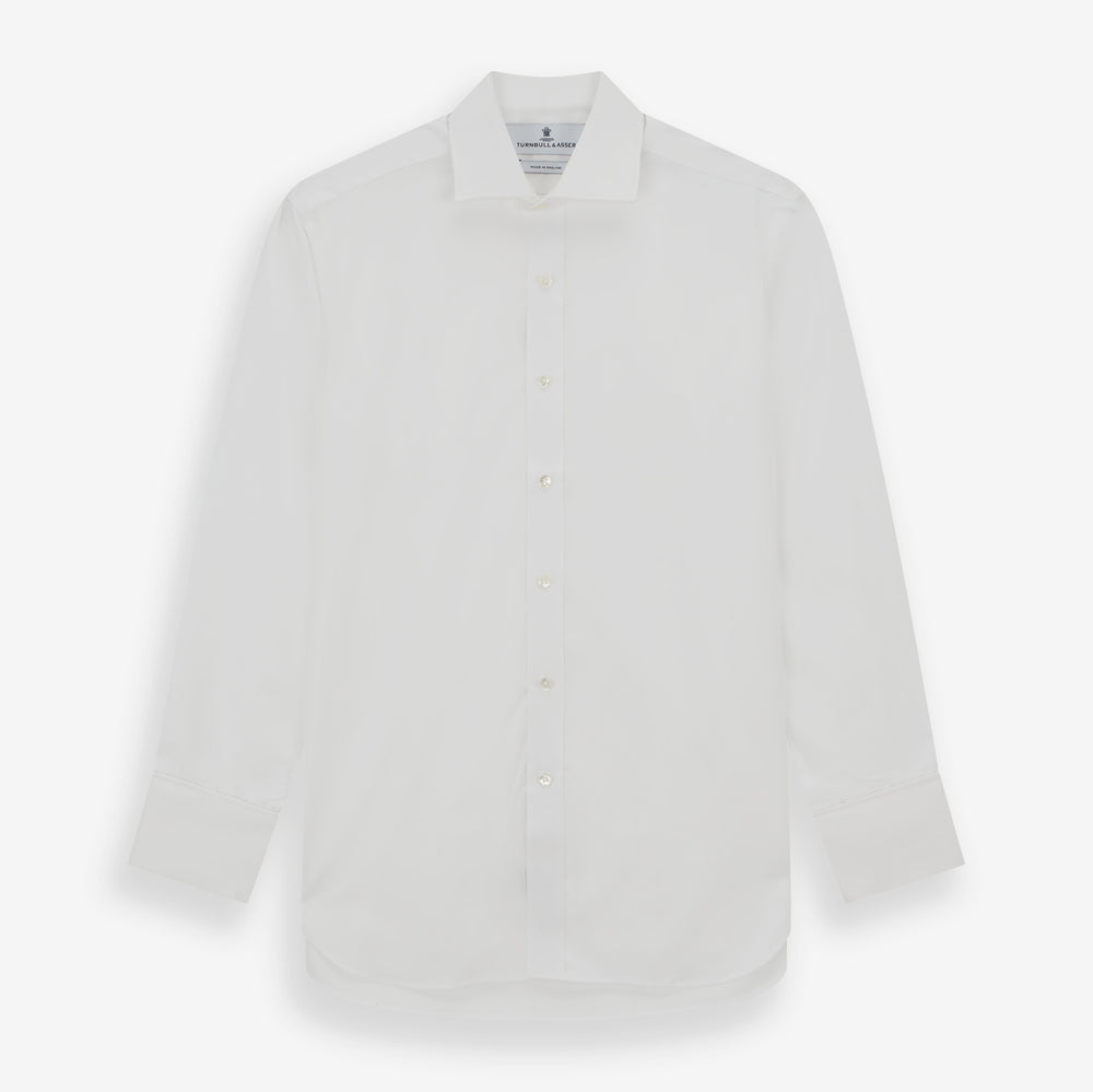 The Turnbull & Asser White Poplin Shirt With Regent Collar and 2-Button Cocktail Cuffs, featuring long sleeves, is buttoned up and laid flat on a white background.