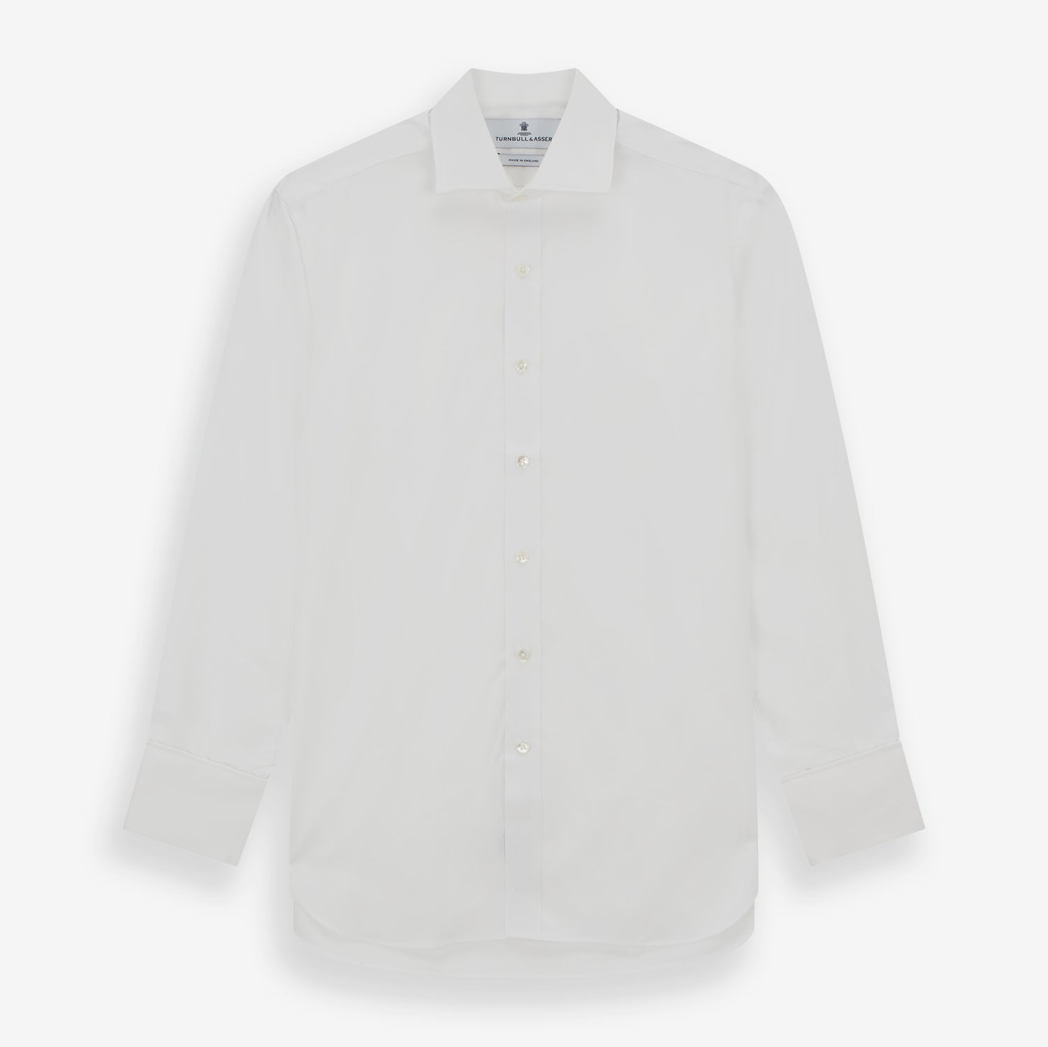 View 1 of product The Turnbull & Asser White Poplin Shirt With Regent Collar and 2-Button Cocktail Cuffs, featuring long sleeves, is buttoned up and laid flat on a white background.