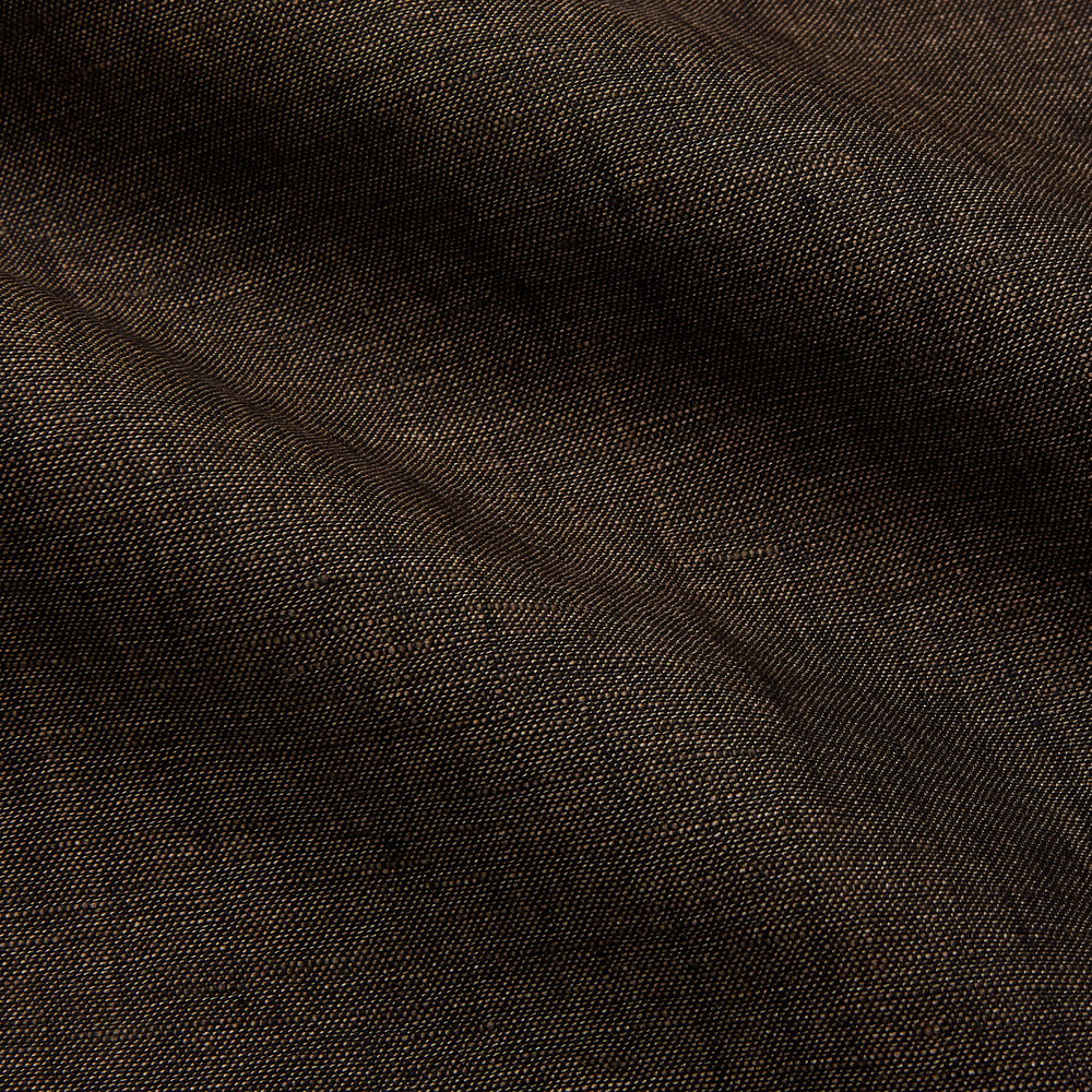 The Turnbull & Asser Chocolate Brown Linen Holiday Fit Fellows Shirt, featuring long sleeves, a classic collar, and white buttons, is displayed flat on a white background—ideal for effortless summer style.