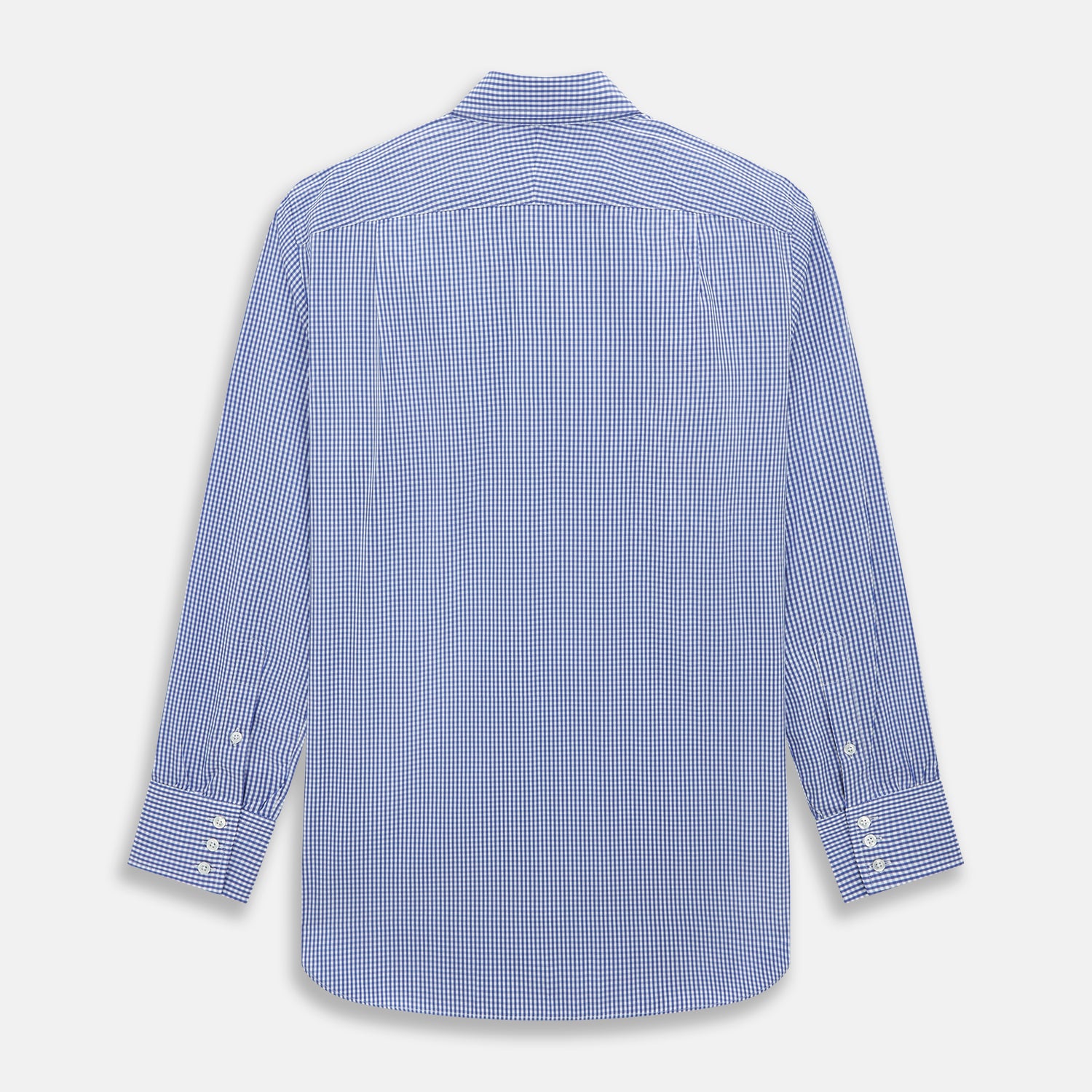 View 3 of product The Turnbull & Asser Blue Grid Check Belgravia Shirt, made from pure cotton with long sleeves, a spread collar, buttoned cuffs, and a blue-and-white check pattern, is laid flat on a white background.