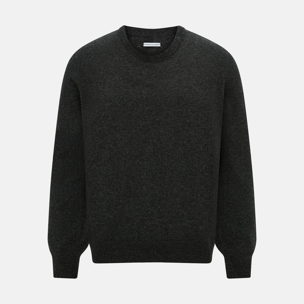 The Turnbull & Asser Dark Grey Cashmere Round Neck Jumper features a classic, plain long-sleeve design and is displayed on a white background.