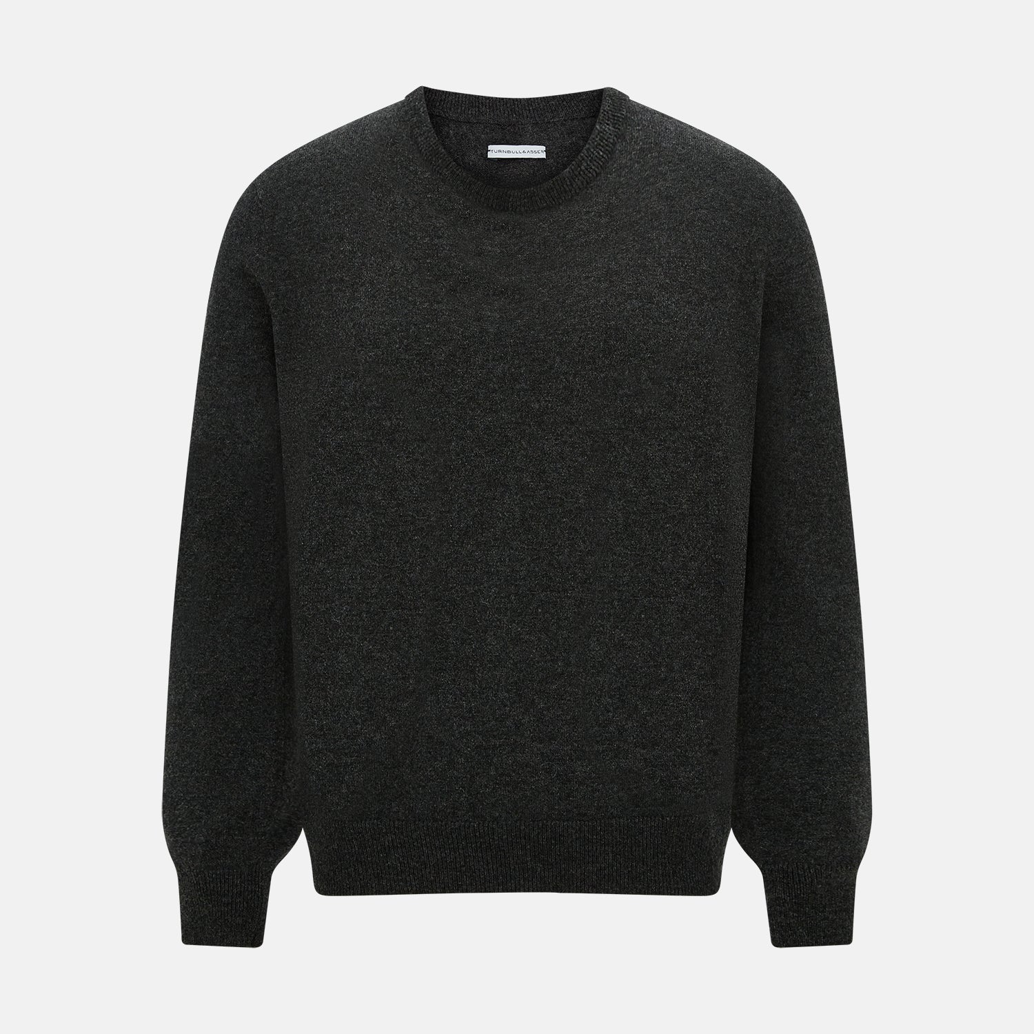 View 1 of product The Turnbull & Asser Dark Grey Cashmere Round Neck Jumper features a classic, plain long-sleeve design and is displayed on a white background.