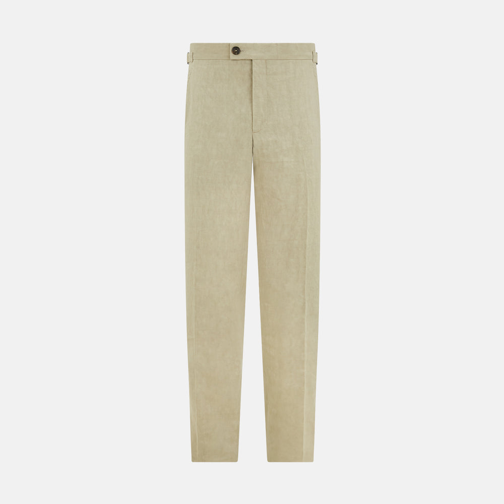 Turnbull & Asser's Taupe Linen Henry Trousers, made from a linen-cotton blend, feature a straight-leg cut, button and zip closure, belt loops, and adjustable waist tabs—shown against a plain white background.