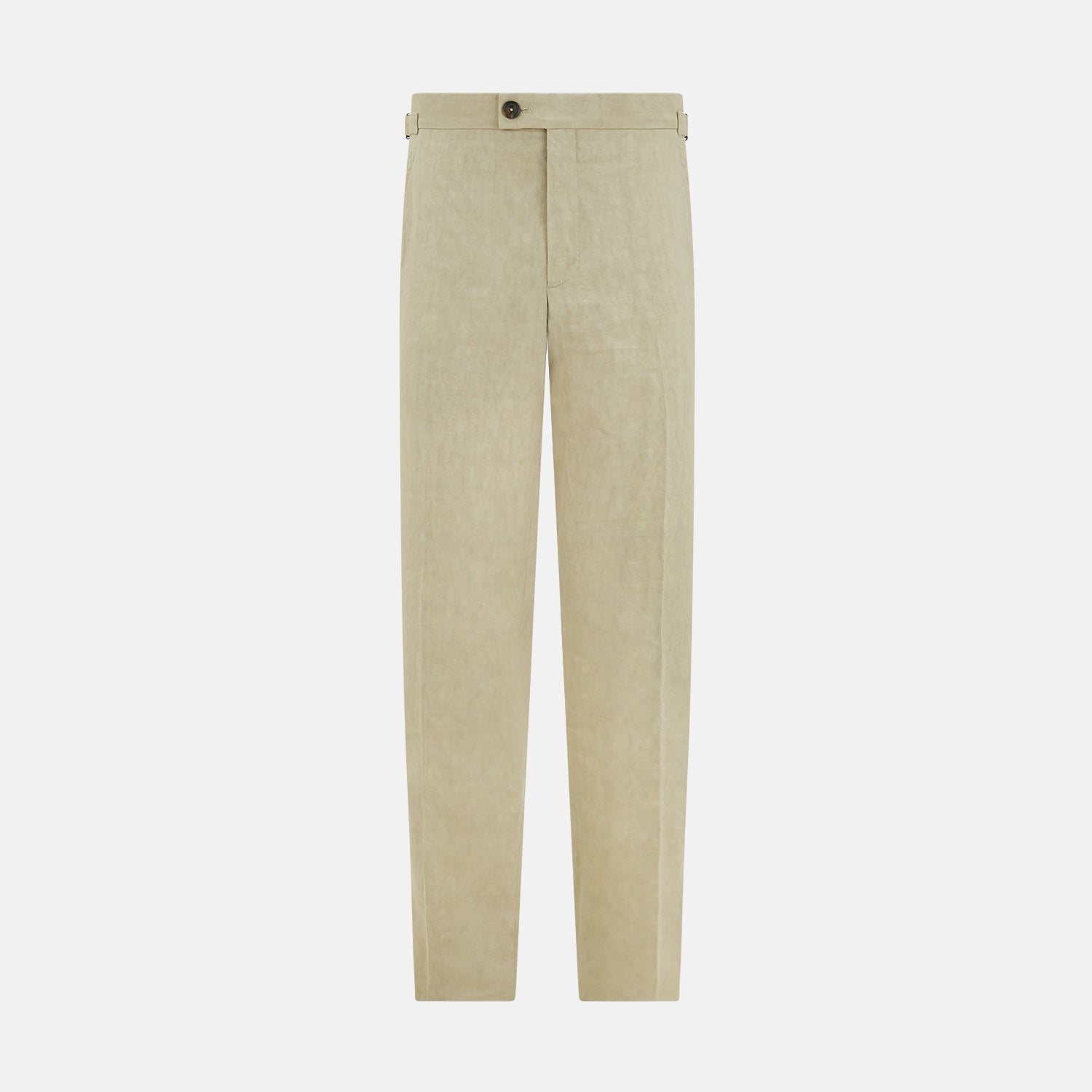View 1 of product Turnbull & Asser's Taupe Linen Henry Trousers, made from a linen-cotton blend, feature a straight-leg cut, button and zip closure, belt loops, and adjustable waist tabs—shown against a plain white background.