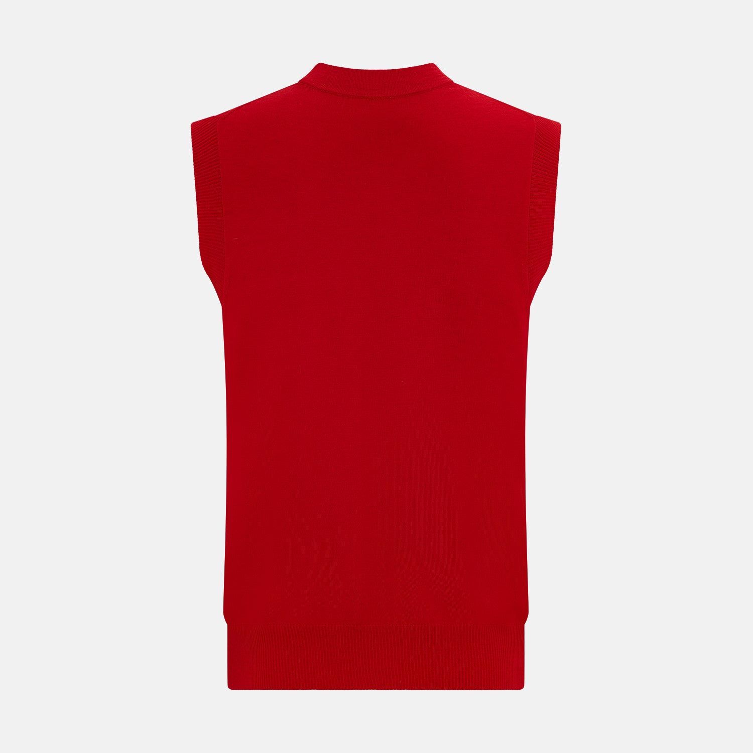 View 3 of product The Turnbull & Asser Red Fine Merino V-Neck Sleeveless Cardigan features a collarless neckline, two front pockets, and five dark buttons, shown on a plain white background.