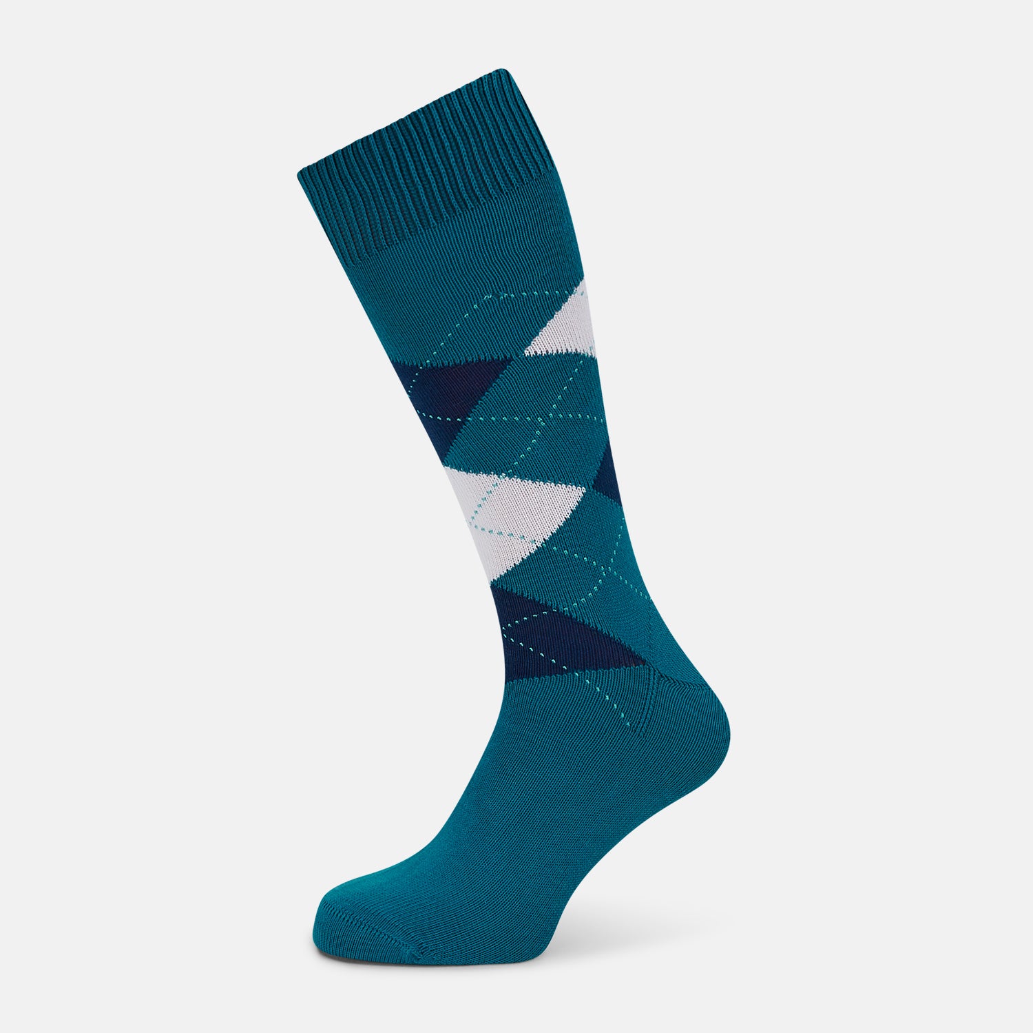 View 1 of product The Turnbull & Asser Azzurro Check Mid-Length Socks feature a classic argyle pattern in navy, white, and dark teal on teal cotton, with ribbed tops for a polished look and added comfort.