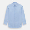 View 1 of product The Turnbull & Asser Sky Blue Wide Pinstripe Mayfair Shirt features long sleeves, a classic collar, and buttoned cuffs, laid flat against a white background for a refined formal look.