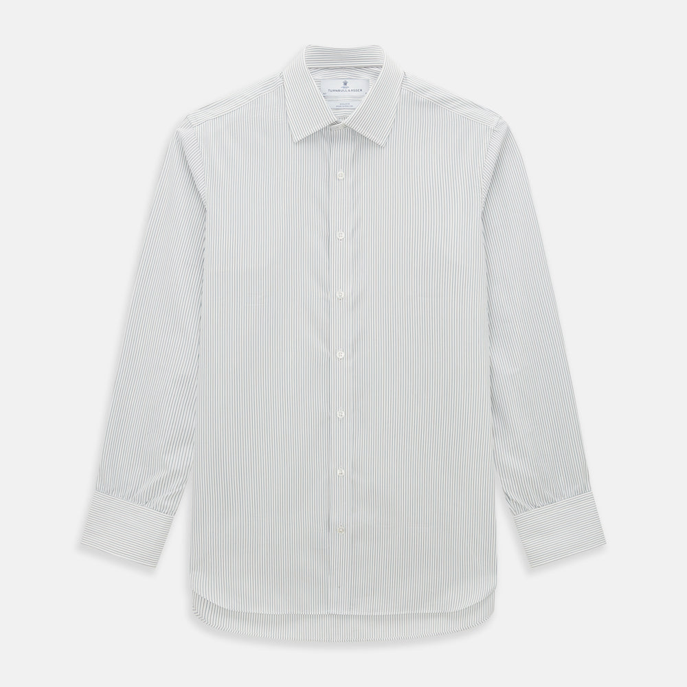 The Turnbull & Asser Green and Brown Ticking Stripe Mayfair Shirt, a long-sleeve, button-up style with a T&A collar, is crafted from premium Italian cotton and laid flat on a white background.