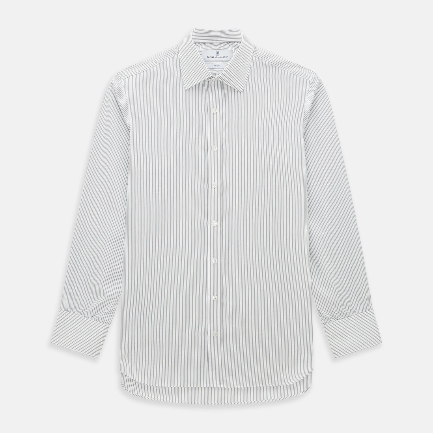 View 1 of product The Turnbull & Asser Green and Brown Ticking Stripe Mayfair Shirt, a long-sleeve, button-up style with a T&A collar, is crafted from premium Italian cotton and laid flat on a white background.