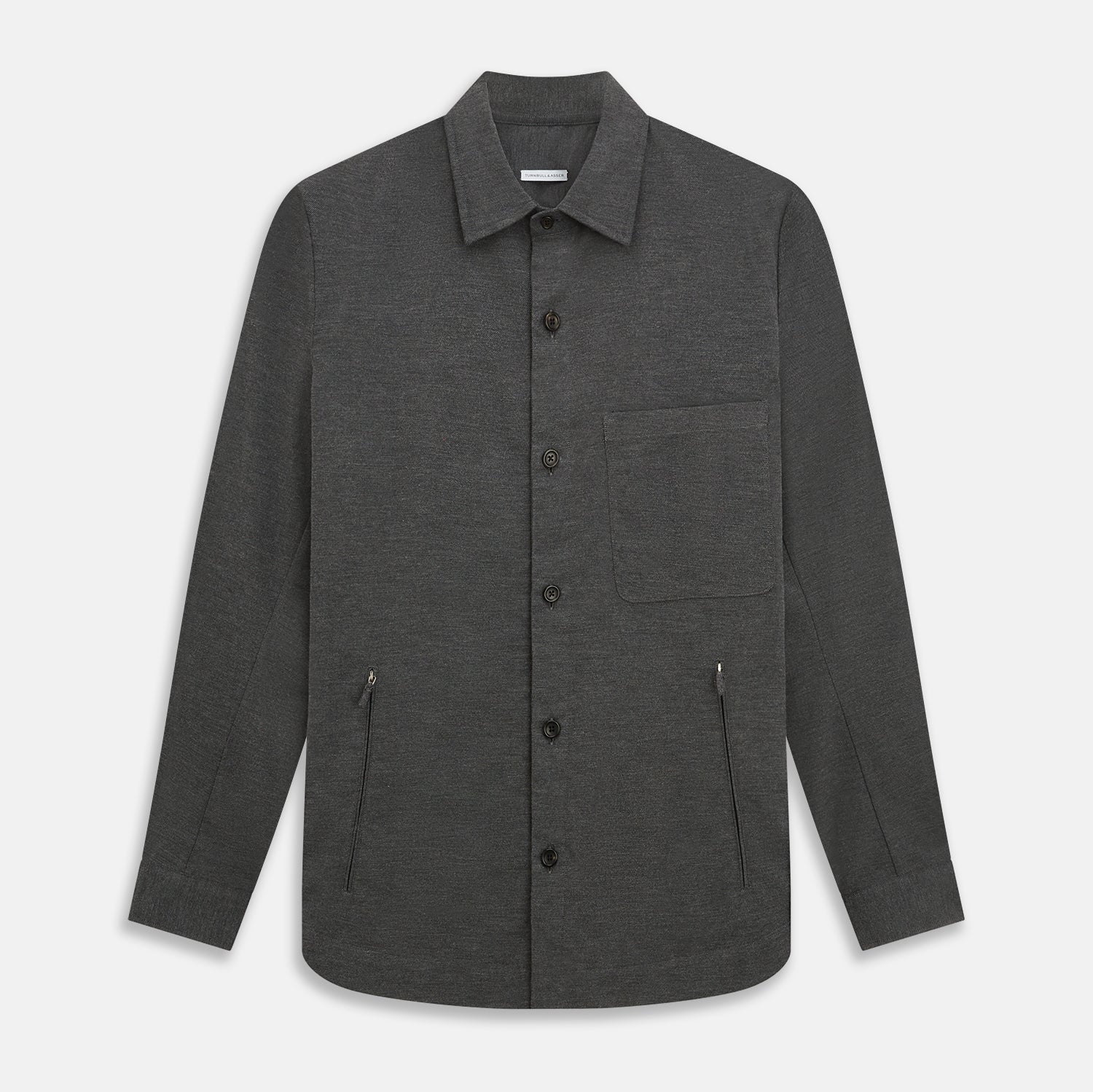 View 1 of product The Charcoal Melange Hampstead overshirt by Turnbull & Asser is a dark gray long-sleeve button-up with a collar, left chest pocket, and two zippered side pockets, shown laid flat on a white background.