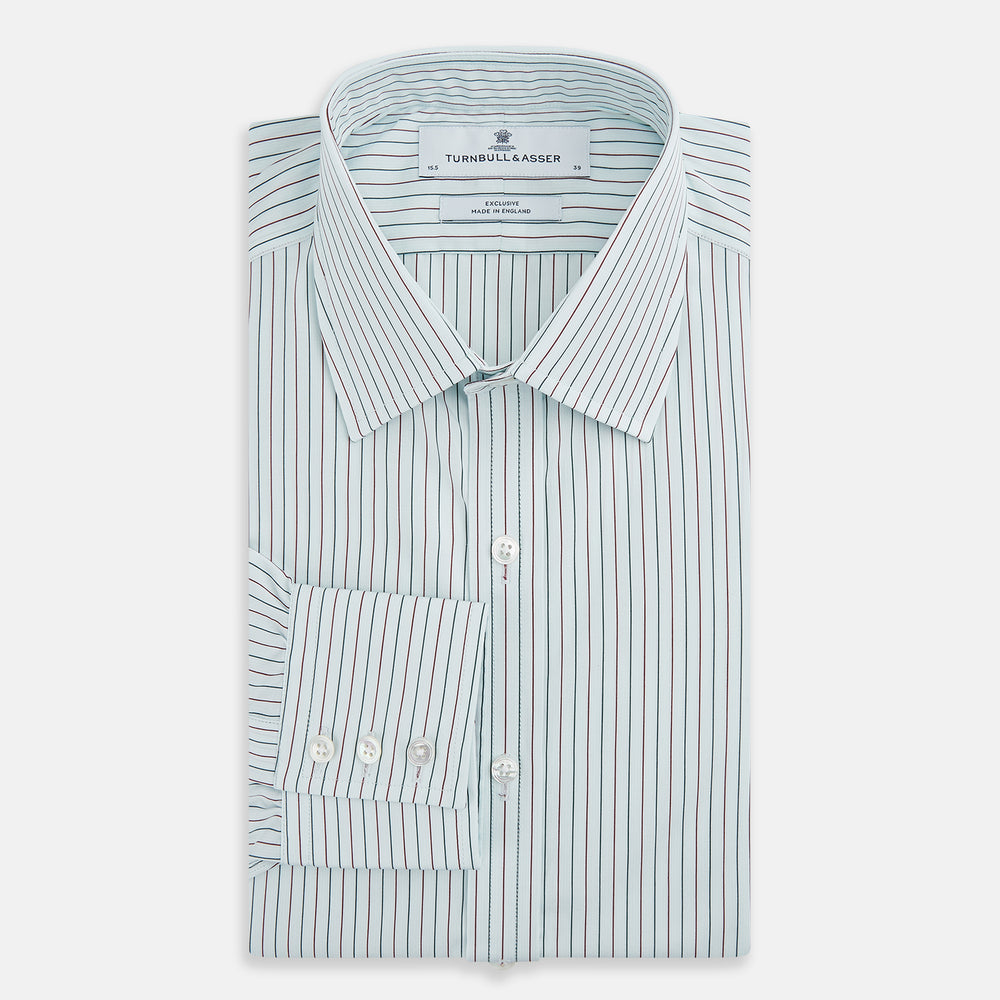 The Turnbull & Asser Green and Burgundy Pinstripe Mayfair Shirt, a long-sleeved, button-down with a classic collar, is ideal for formal wear and shown flat on a white background.