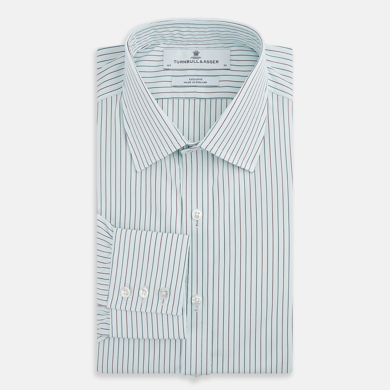 View 5 of product The Turnbull & Asser Green and Burgundy Pinstripe Mayfair Shirt, a long-sleeved, button-down with a classic collar, is ideal for formal wear and shown flat on a white background.