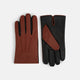Turnbull & Asser Brown/Ebony Cashmere-Lined Hairsheep Leather Touchscreen Gloves are shown front and back, featuring a brown outer with subtle stitching and black palms/fingers accented with brown at the thumb and wrist.