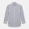 View 1 of product The Navy Double Stripe Mayfair Shirt by Turnbull & Asser features classic long sleeves, buttoned cuffs, a collar, and a slightly curved hem with timeless vertical navy and white stripes.