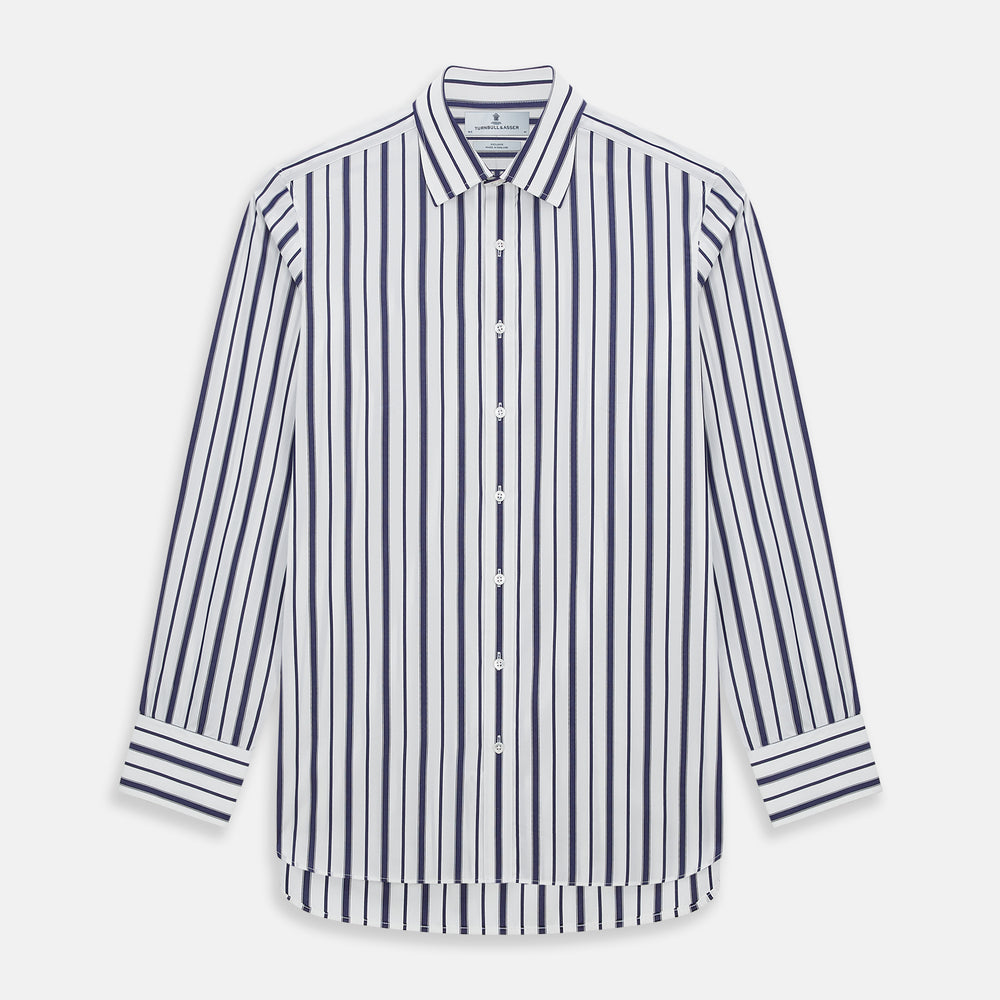 The Navy Double Stripe Mayfair Shirt by Turnbull & Asser features classic long sleeves, buttoned cuffs, a collar, and a slightly curved hem with timeless vertical navy and white stripes.