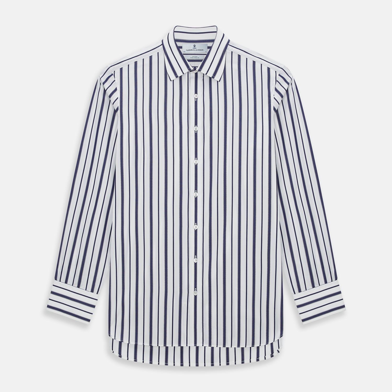 View 1 of product The Navy Double Stripe Mayfair Shirt by Turnbull & Asser features classic long sleeves, buttoned cuffs, a collar, and a slightly curved hem with timeless vertical navy and white stripes.