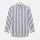 The Navy Double Stripe Mayfair Shirt by Turnbull & Asser features classic long sleeves, buttoned cuffs, a collar, and a slightly curved hem with timeless vertical navy and white stripes.