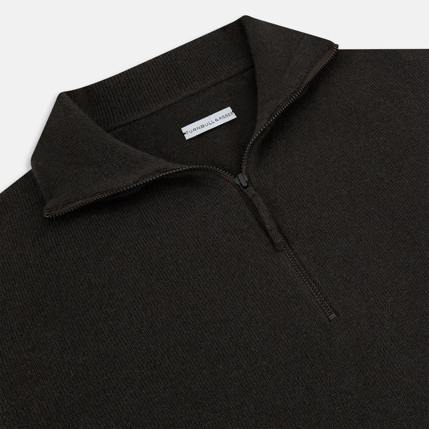 View 2 of product The Turnbull & Asser Brown Half-Zip Cashmere Jumper features a plain, long-sleeve design with a high collar and quarter-zip neckline, showcased against a white background.