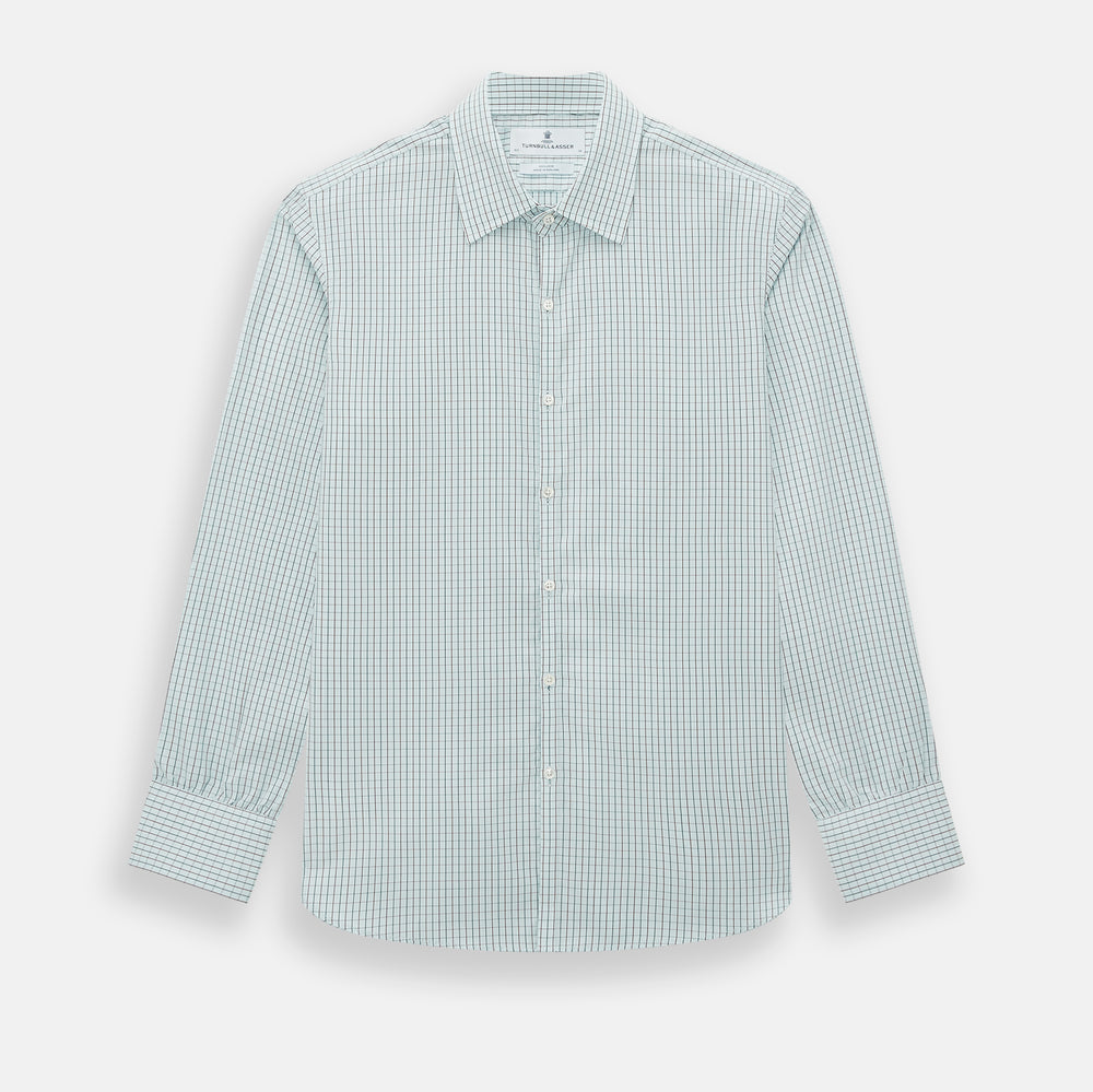 The Turnbull & Asser Forest Melange and Red Overlay Grid Check Westminster Shirt features long sleeves, a pointed collar, and buttoned cuffs, highlighting British craftsmanship. It's shown laid flat against a white background.