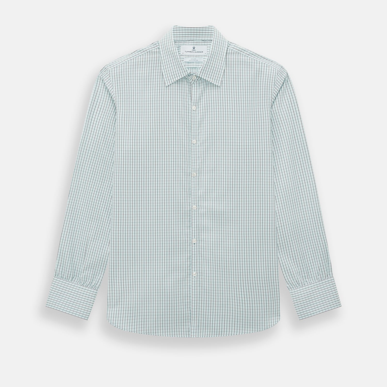 View 1 of product The Turnbull & Asser Forest Melange and Red Overlay Grid Check Westminster Shirt features long sleeves, a pointed collar, and buttoned cuffs, highlighting British craftsmanship. It's shown laid flat against a white background.