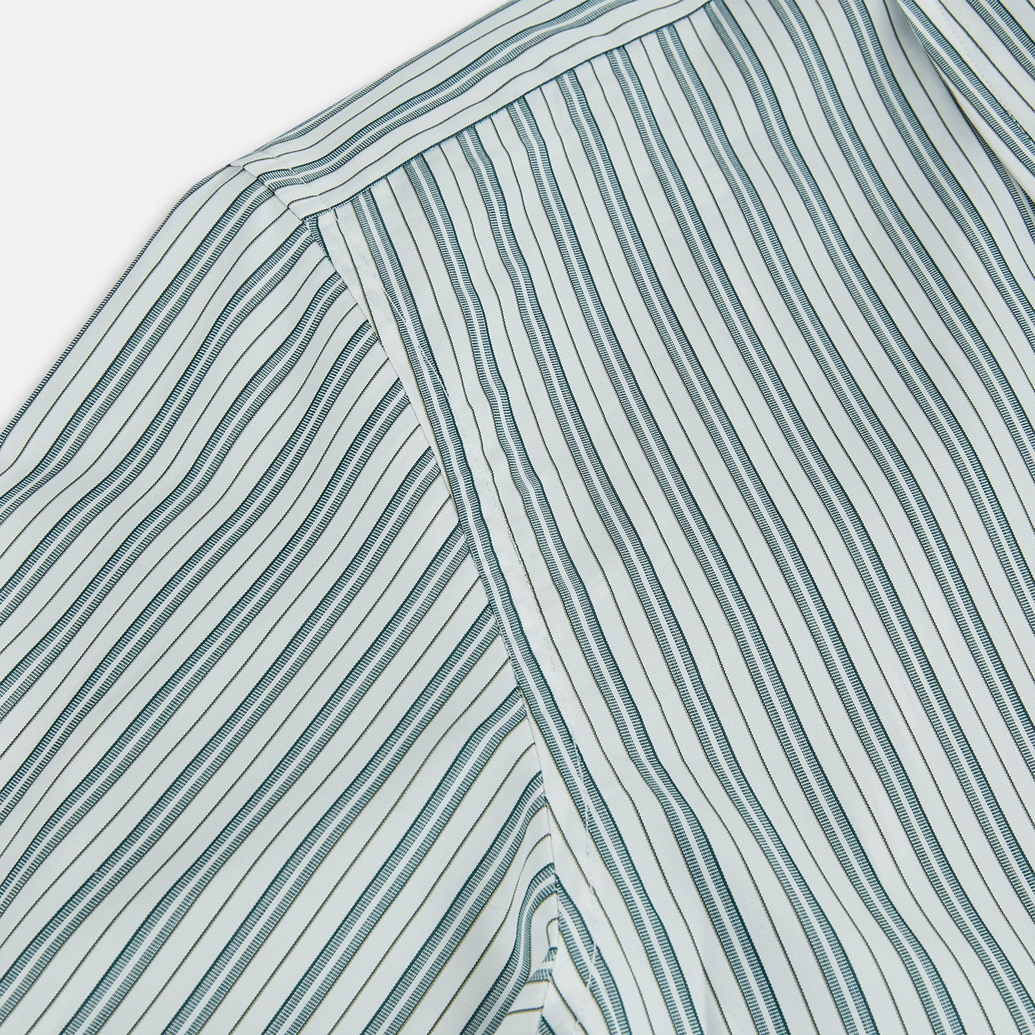 View 6 of product The OLIVE & SAGE GREEN MULTI TRACK STRIPE WESTMINSTER SHIRT by Turnbull & Asser features a classic Turnbull collar and long sleeves, showcasing British craftsmanship with its striped design, presented against a white background.