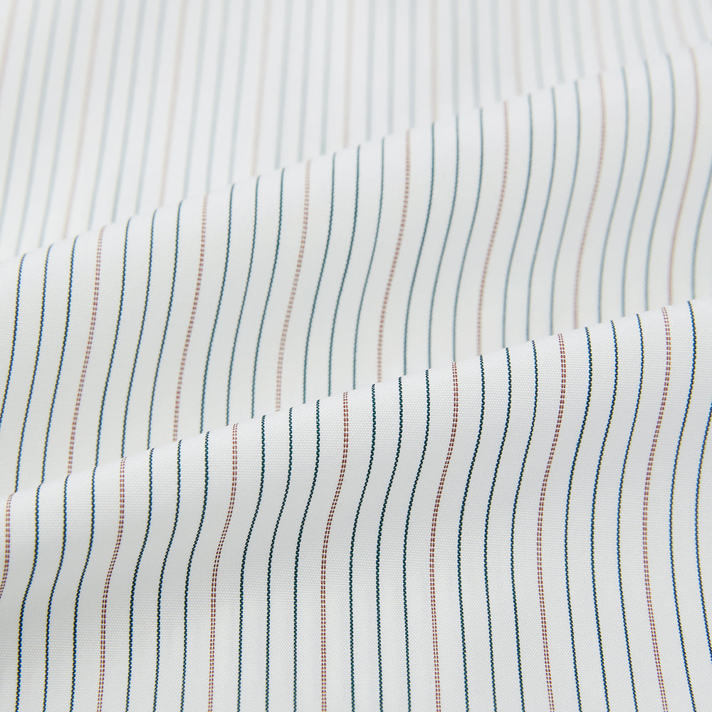 The Petrol Hairline Stripe Mayfair Shirt by Turnbull & Asser is a long-sleeved, button-up Italian cotton shirt with a subtle blue pinstripe, classic T&A collar, and buttoned cuffs, shown flat on a white background.