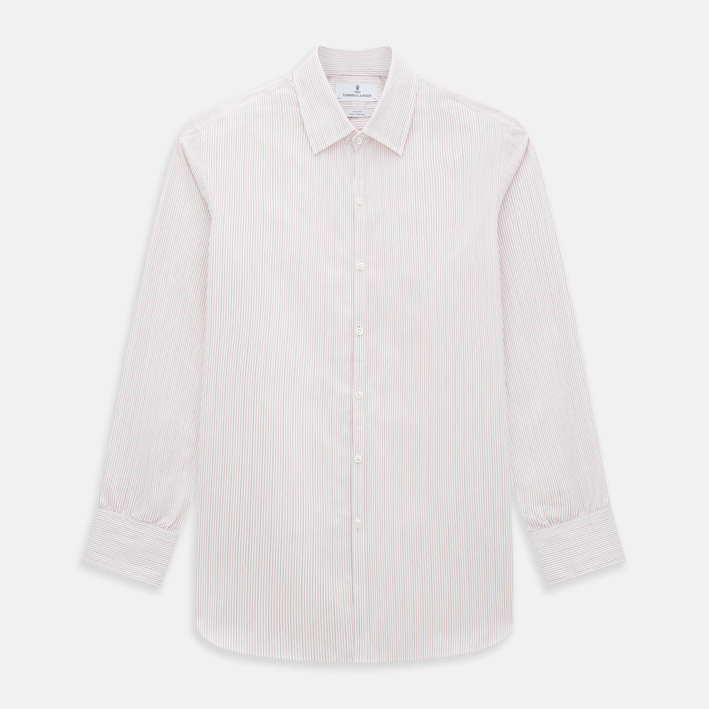The Red Hairline Stripe Westminster Shirt by Turnbull & Asser features a pointed collar and thin vertical stripes in a light hue, displayed flat against a white background—a fine example of British craftsmanship.