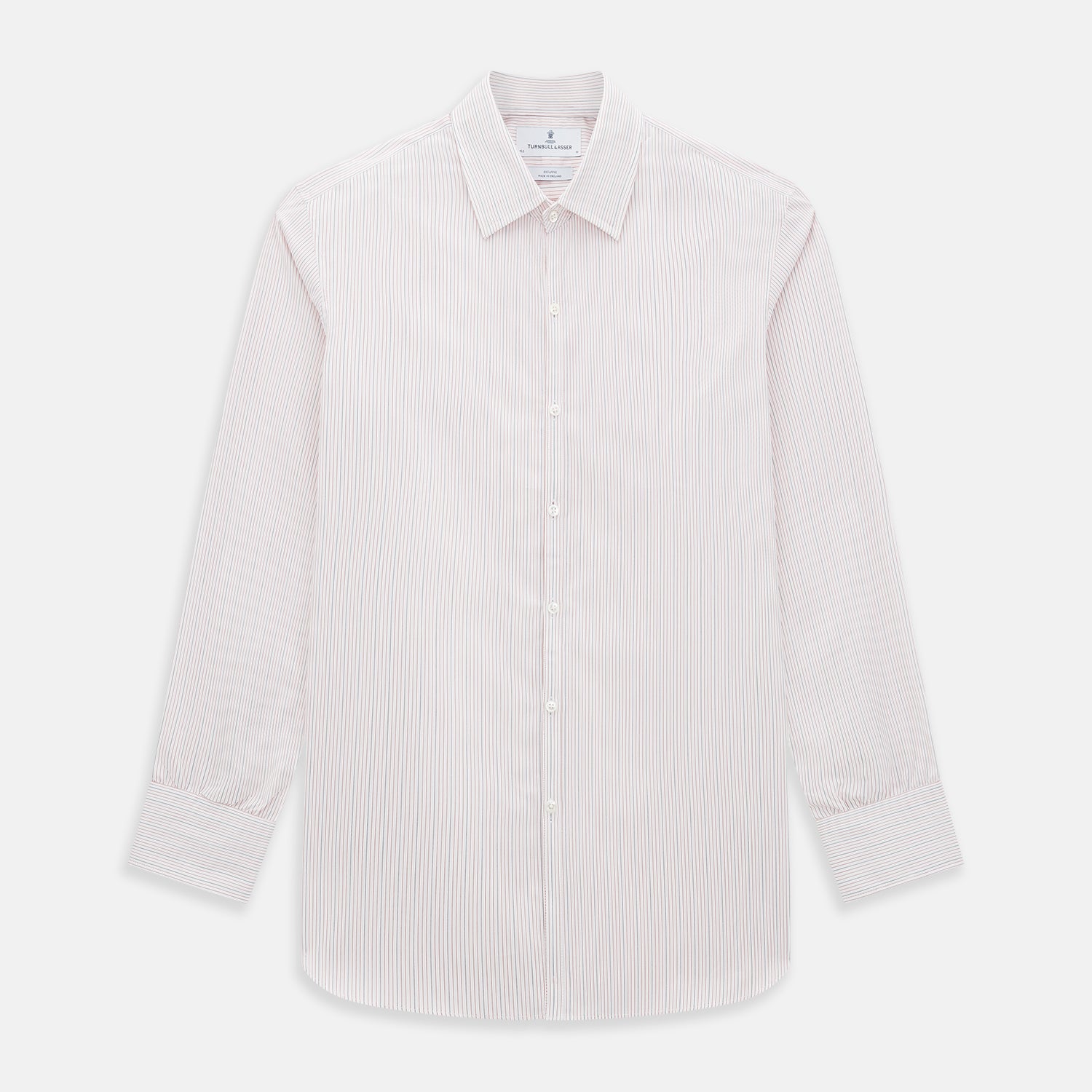 View 1 of product The Red Hairline Stripe Westminster Shirt by Turnbull & Asser features a pointed collar and thin vertical stripes in a light hue, displayed flat against a white background—a fine example of British craftsmanship.