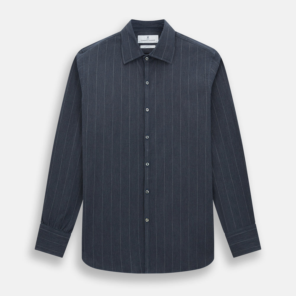 The Turnbull & Asser Navy Melange Wide Stripe Westminster Shirt features a classic collar, buttoned cuffs, and a tailored fit, showcasing British craftsmanship. Laid flat on a white background.