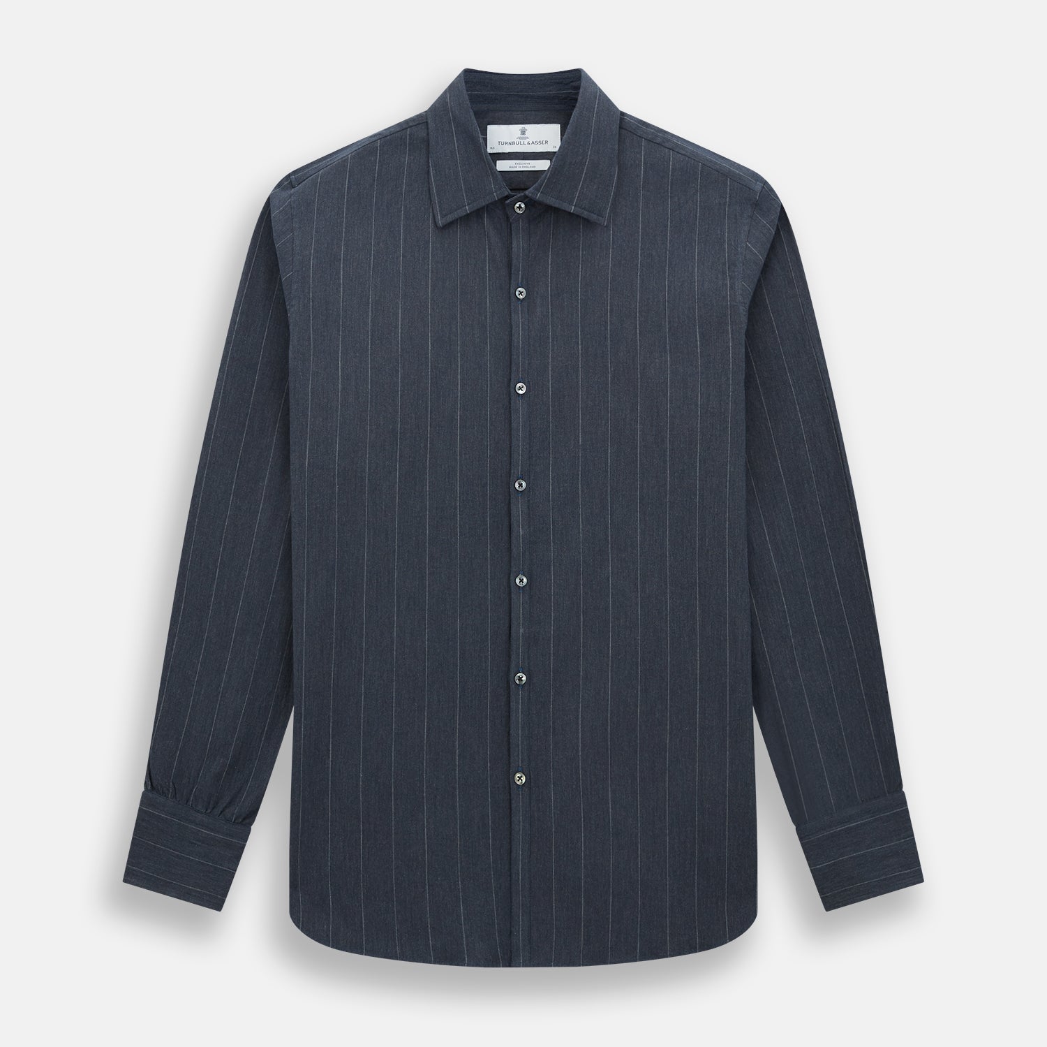 View 1 of product The Turnbull & Asser Navy Melange Wide Stripe Westminster Shirt features a classic collar, buttoned cuffs, and a tailored fit, showcasing British craftsmanship. Laid flat on a white background.