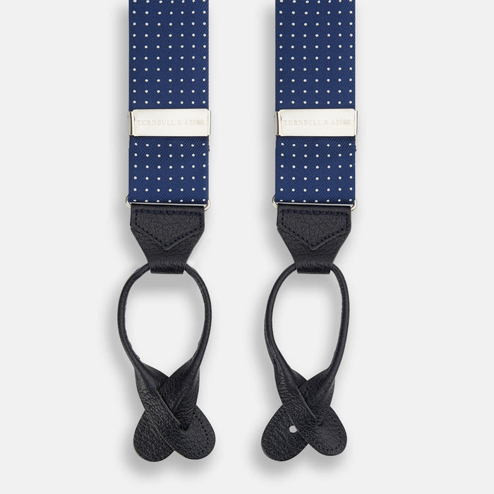 Navy & White Small Spot Adjustable Silk and Navy Leather Braces
