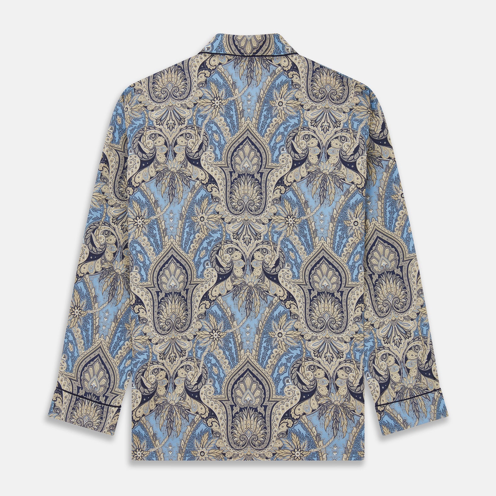 View 6 of product The Turnbull & Asser Pale Blue Baroque Silk-blend Hyde Pyjama Set features a long-sleeve button-up shirt and pants in a blue and beige paisley pattern, shown flat on a white background.