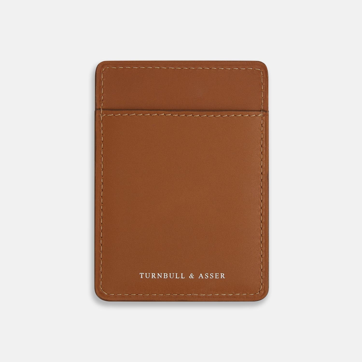 View 1 of product The Camel Two-slot Card Case by Turnbull & Asser is crafted from Italian leather with white stitching, featuring a front pocket and the brand’s logo embossed in white—a sleek accessory for everyday use.