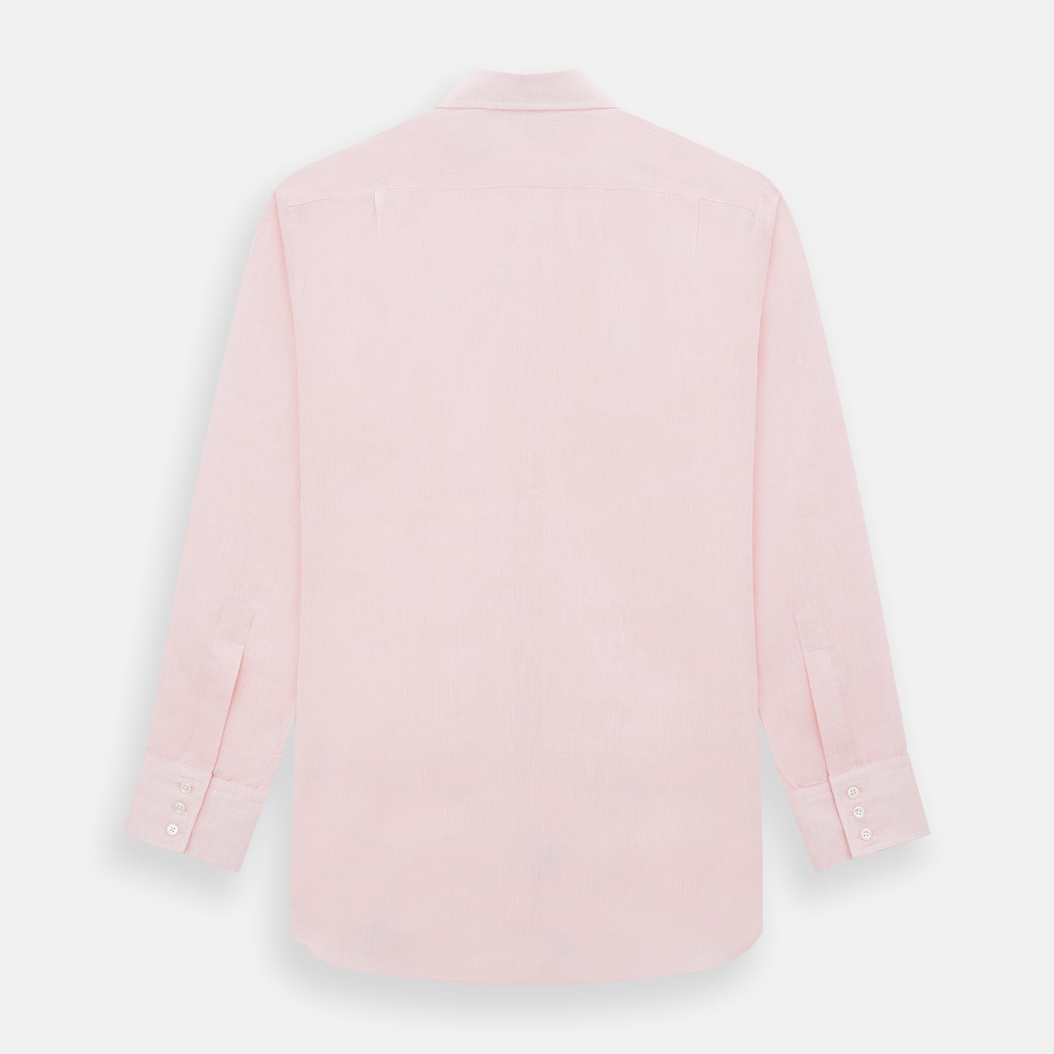 View 3 of product The Turnbull & Asser Pale Pink Linen Mayfair Shirt features a classic, formal style with long sleeves, a collar, and white buttons. Shown laid flat on a white background.