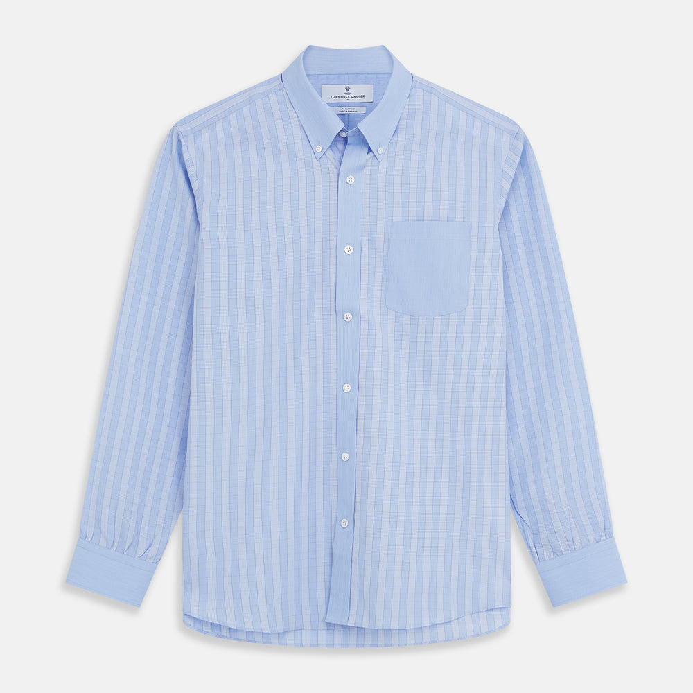 Turnbull & Asser's Blue Multi Check Cotton RE-PURPOSE Weekend Fit Suffolk Shirt, crafted from recycled fabrics, features a multi-check pattern, button-down collar, and chest pocket, and is displayed flat on a white background.