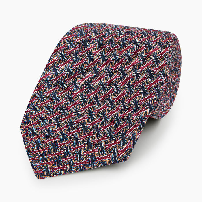 Burgundy and Navy Weave-Patterned Printed Silk Tie Image 4